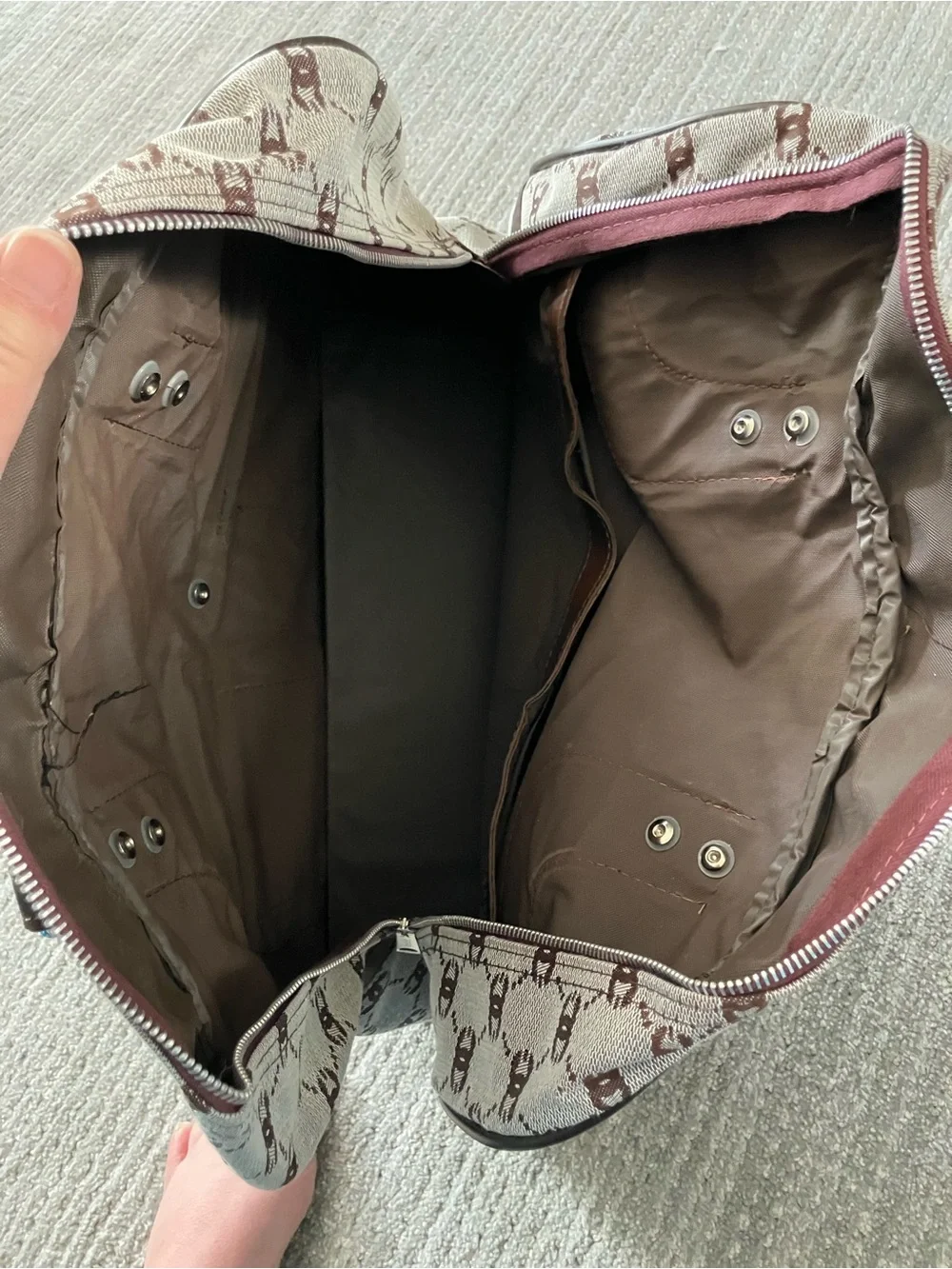 Brown Patterned Canvas Travel Tote Bag with Leather Trim
